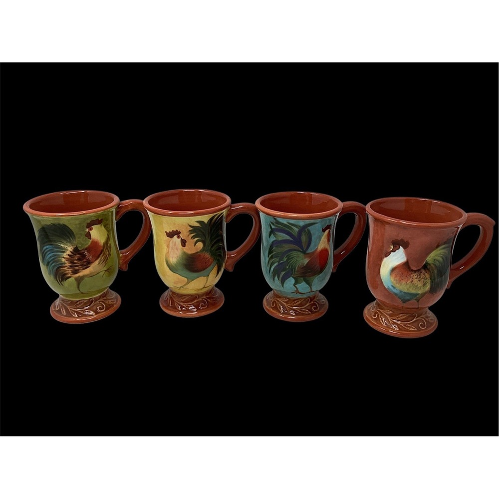 Vtg (4) Cracker Barrel Break of Dawn Susan Winget Rooster Terra Cotta Mugs